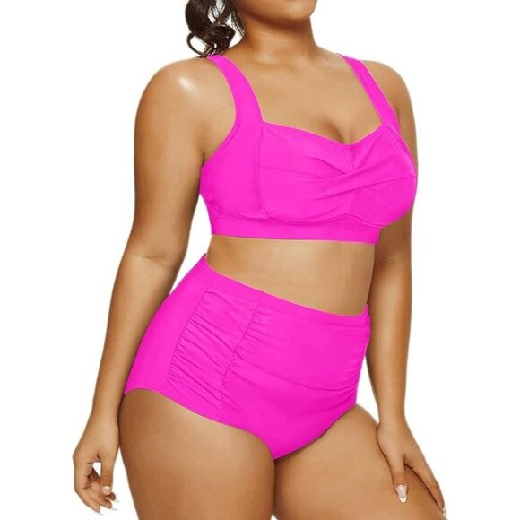 NWT DACI Twisted Front High Waisted Swimwear Plus Size -Neon Pink - Size 22W - Picture 11 of 12